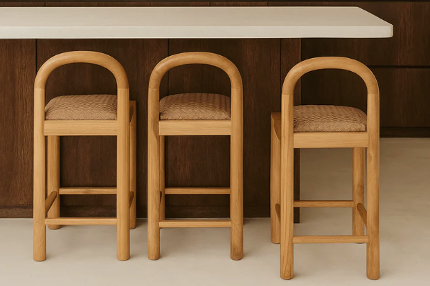 Three wooden bar stools with woven seats in a kitchen setting. Rattan barstools. Kitchen stools. wicker seating