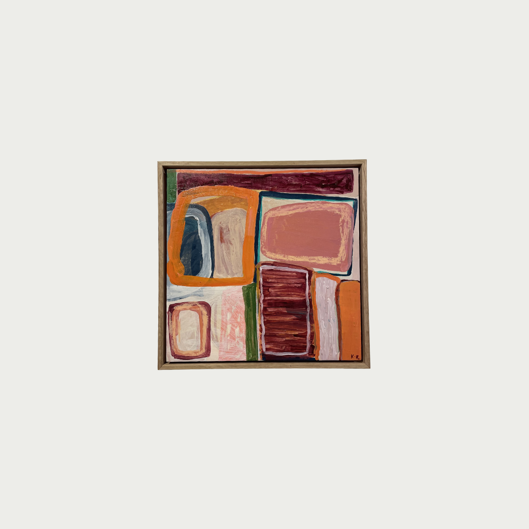 An abstract framed painting featuring geometric shapes in terracotta, pink, orange, brown, green, and cream, set against a solid off-white background.