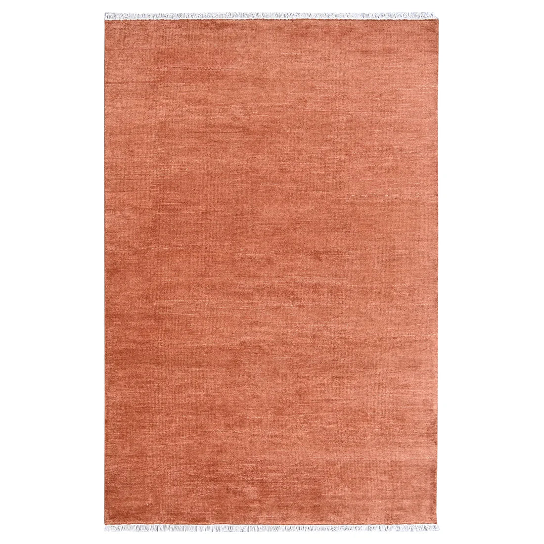 A rectangular area rug with a warm terracotta or rust-orange color, featuring white fringe detailing on the top and bottom edges, shown against a plain white background.