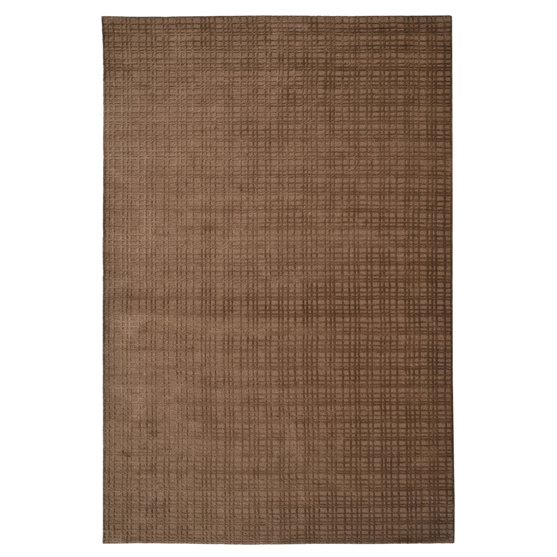 A rectangular area rug with a textured, woven brown and beige grid pattern, shown flat against a solid white background.