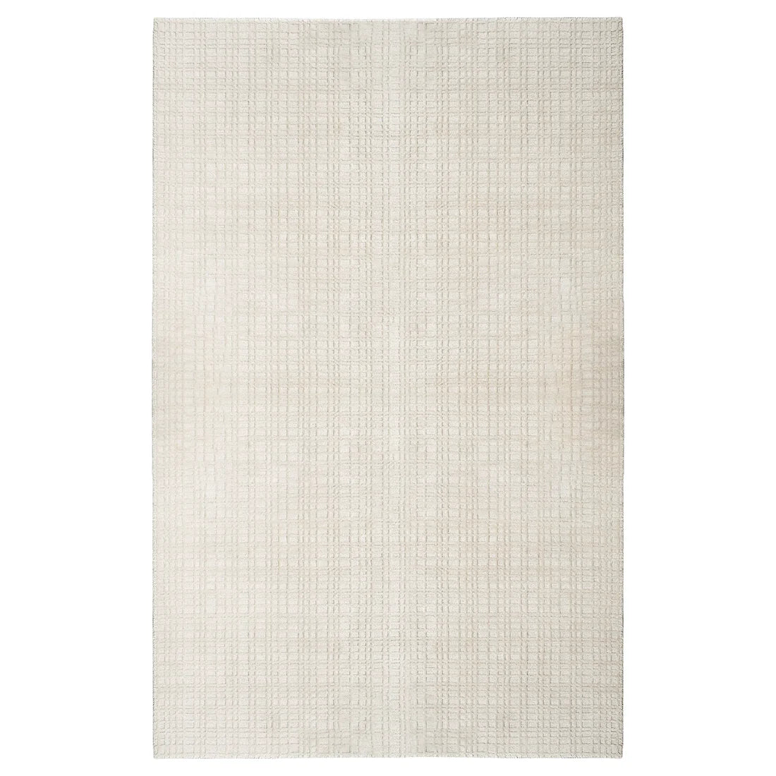 A rectangular area rug with a textured, woven grid pattern in warm off-white and beige tones, shown flat against a solid white background.