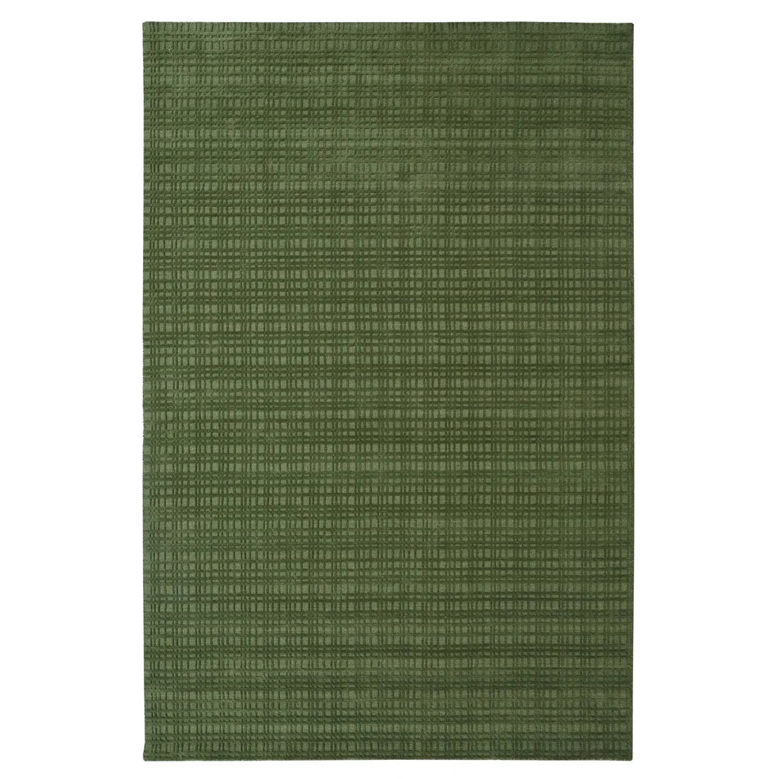 A rectangular green area rug with a textured woven pattern, shown flat against a plain white background.