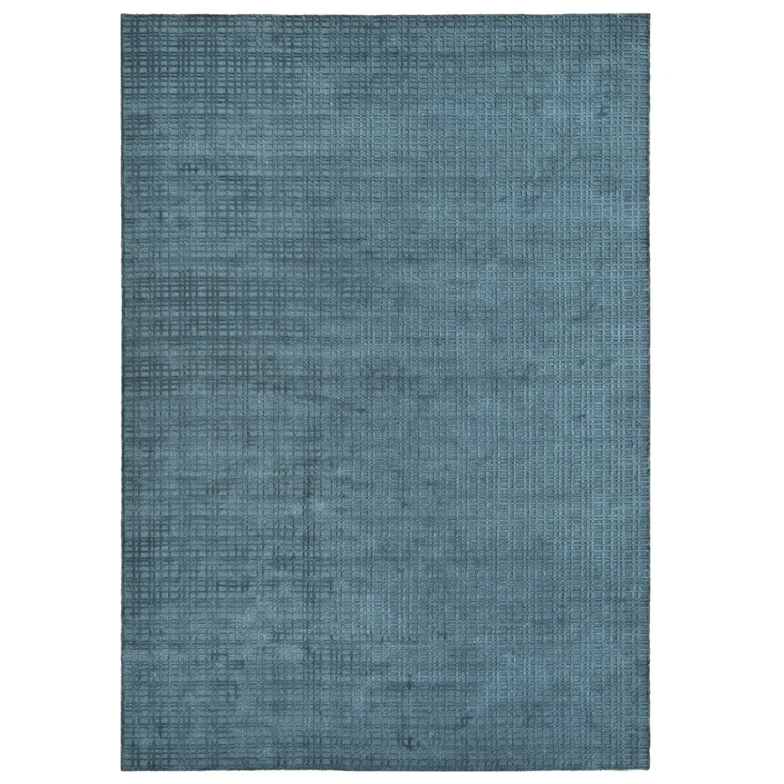 A rectangular blue area rug with a textured, woven crosshatch pattern, shown flat against a white background.