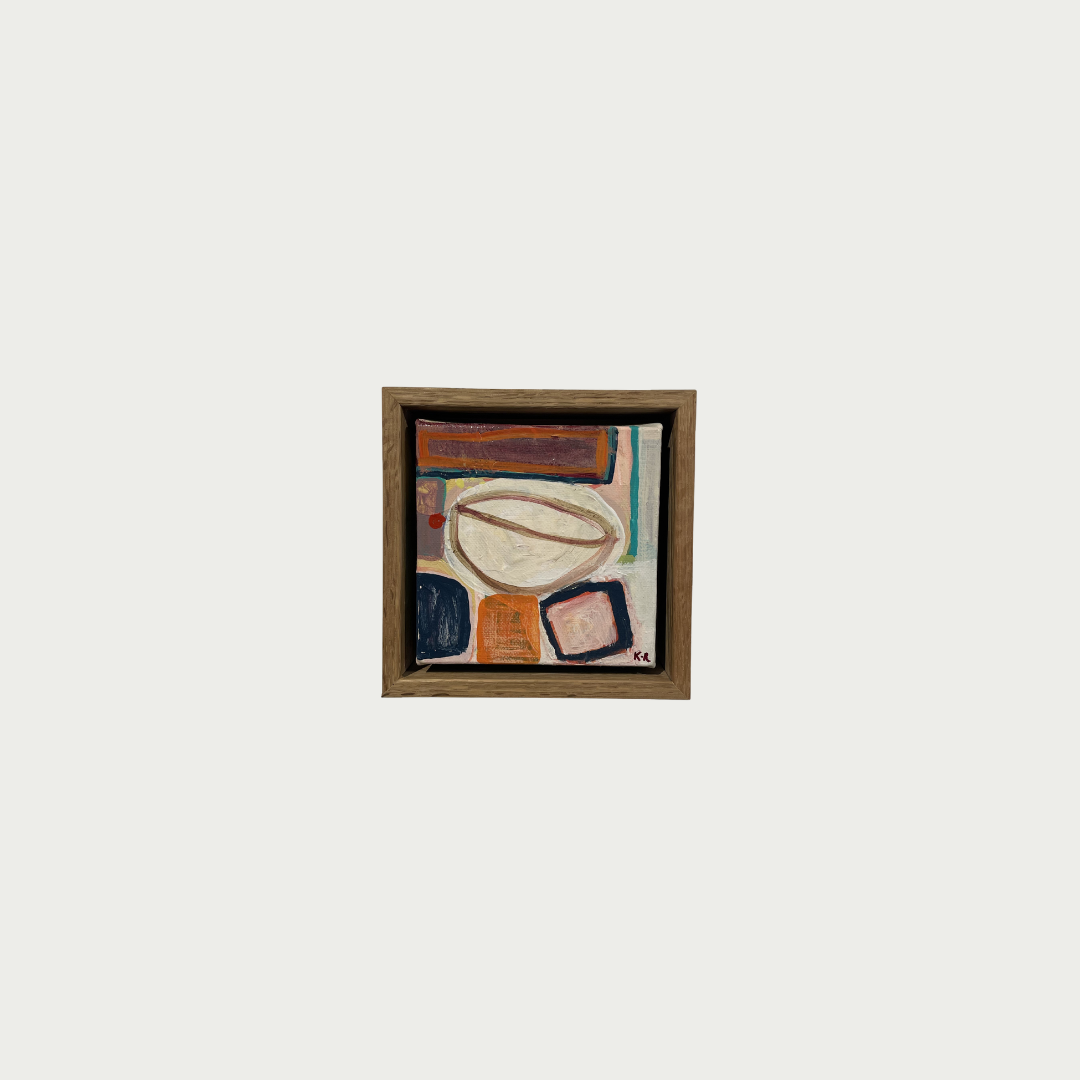 A framed abstract painting featuring geometric shapes and organic forms in muted tones of brown, beige, orange, blue, and pink, centered on a light gray background.