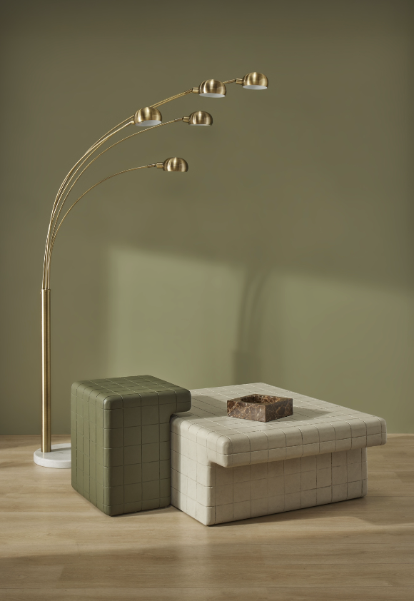 Tile Effect coffee table in White, chunky architectural form with an all-over tiled texture, with the matching side table.