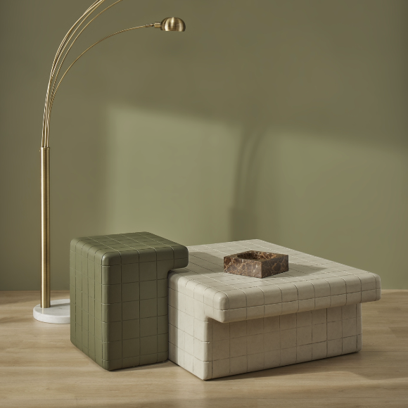 Tile Effect side table in Olive, oversized asymmetrical form with an all-over tiled texture, with matching coffee table.