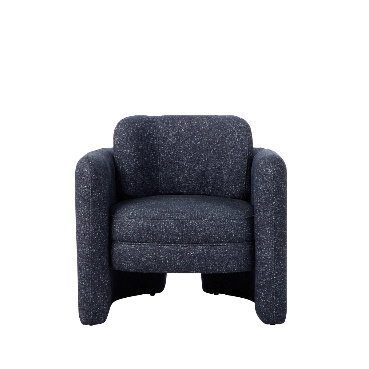 Walter Armchair in Navy, chunky bouclé fabric with rounded arms and an open base.