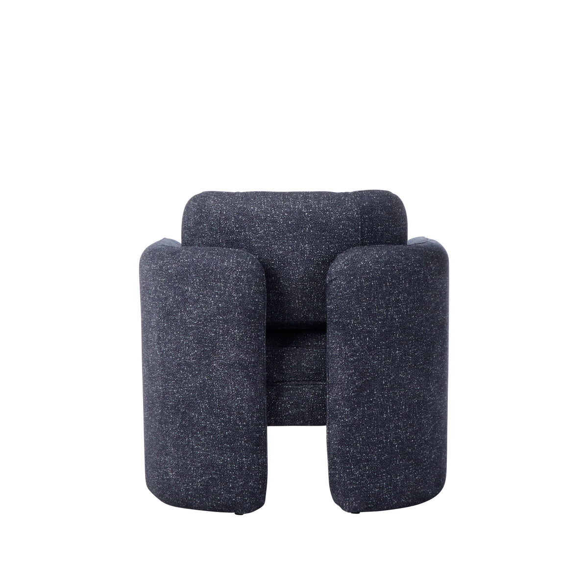 Walter Armchair in Navy, chunky bouclé fabric with rounded arms and an open base.