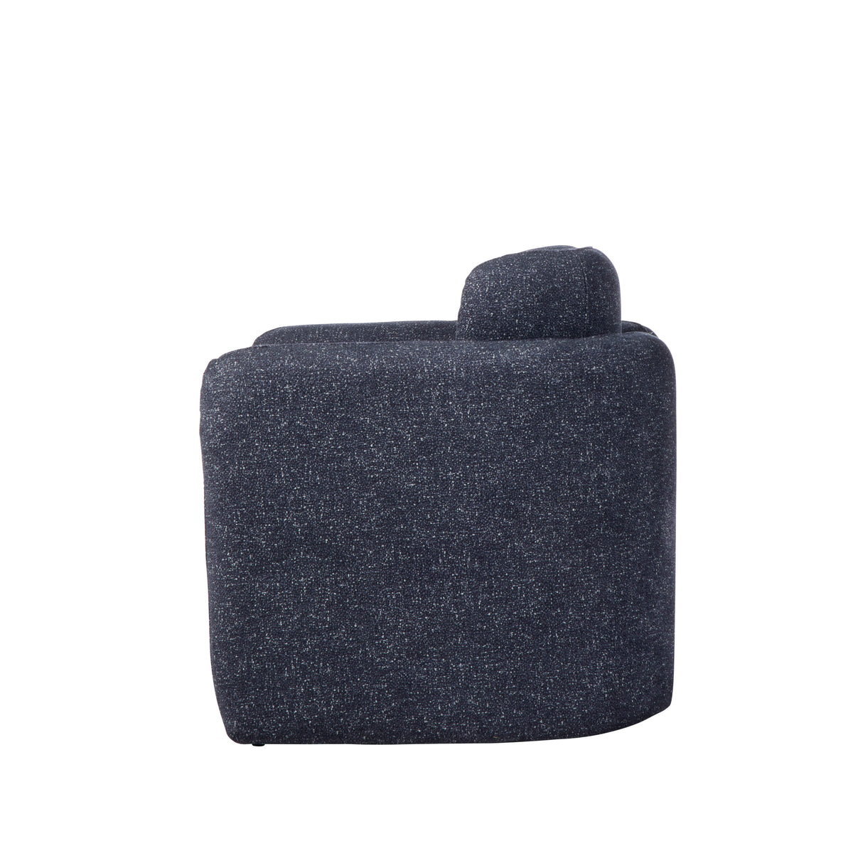 Walter Armchair in Navy, chunky bouclé fabric with rounded arms and an open base.