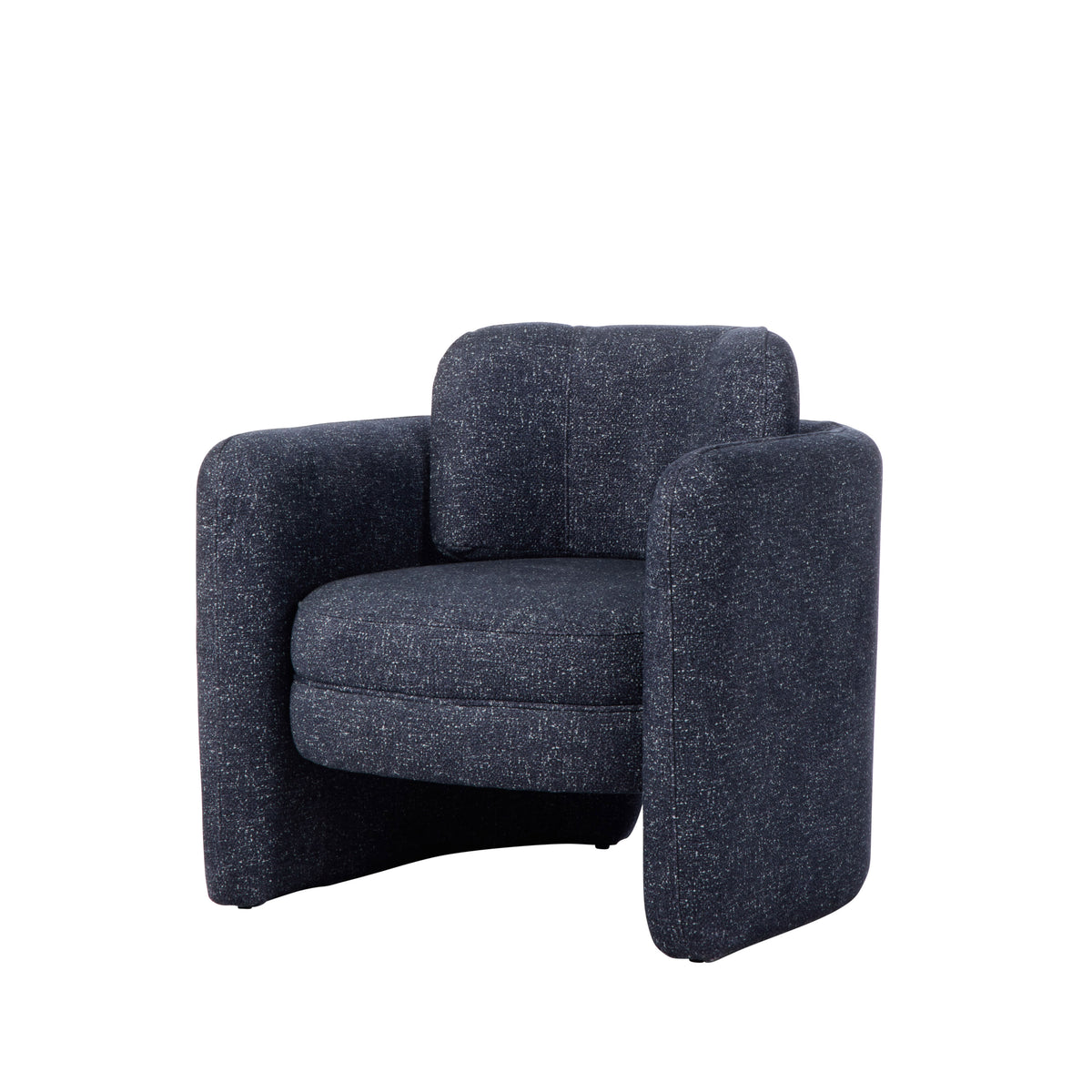 Walter Armchair in Navy, chunky bouclé fabric with rounded arms and an open base.