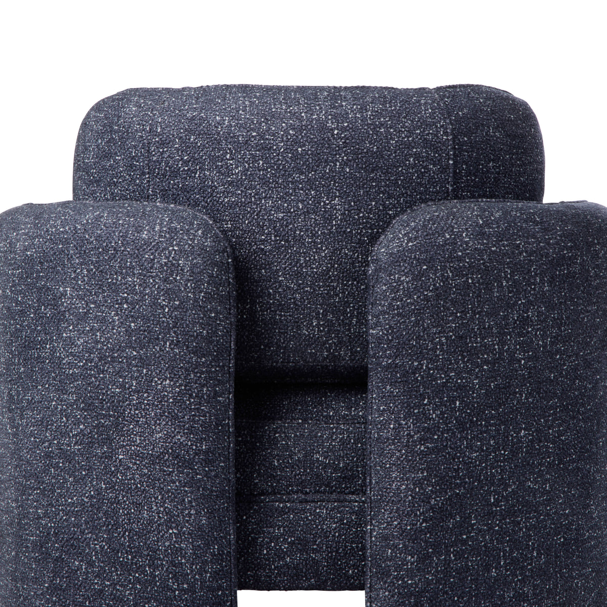 Walter Armchair in Navy, chunky bouclé fabric with rounded arms and an open base.