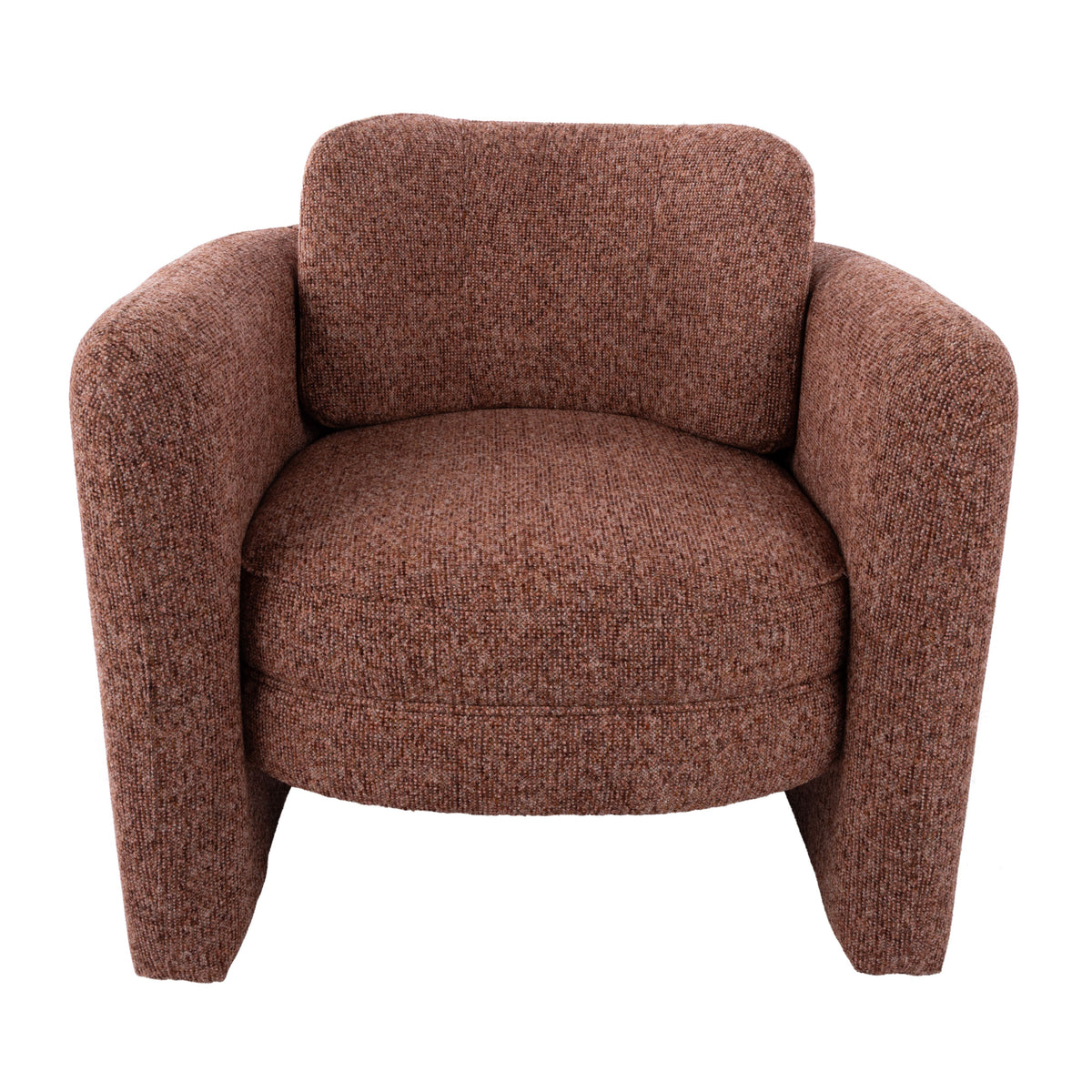 Walter Armchair in Plum, chunky bouclé fabric with rounded arms and an open base.