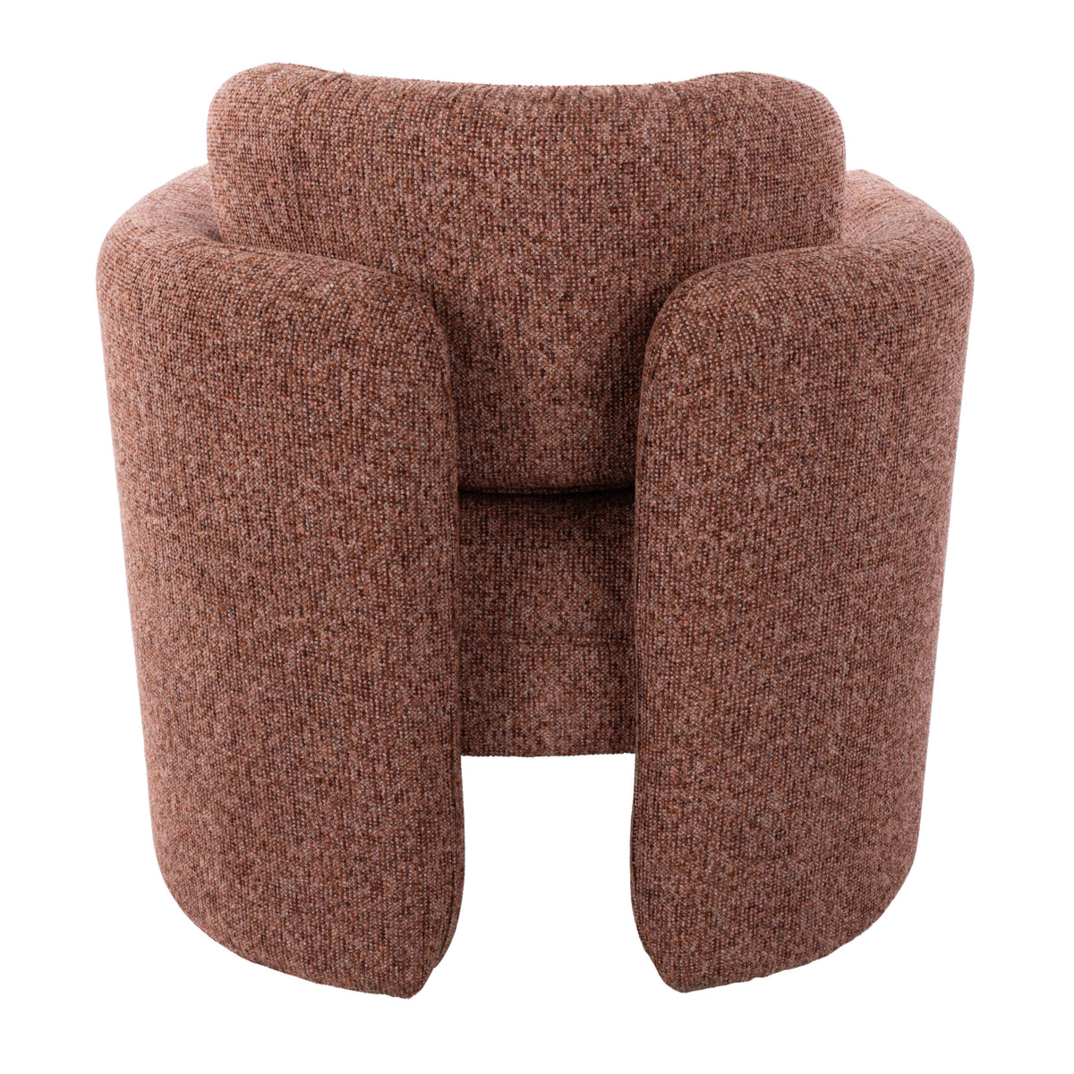 Walter Armchair in Plum, chunky bouclé fabric with rounded arms and an open base.