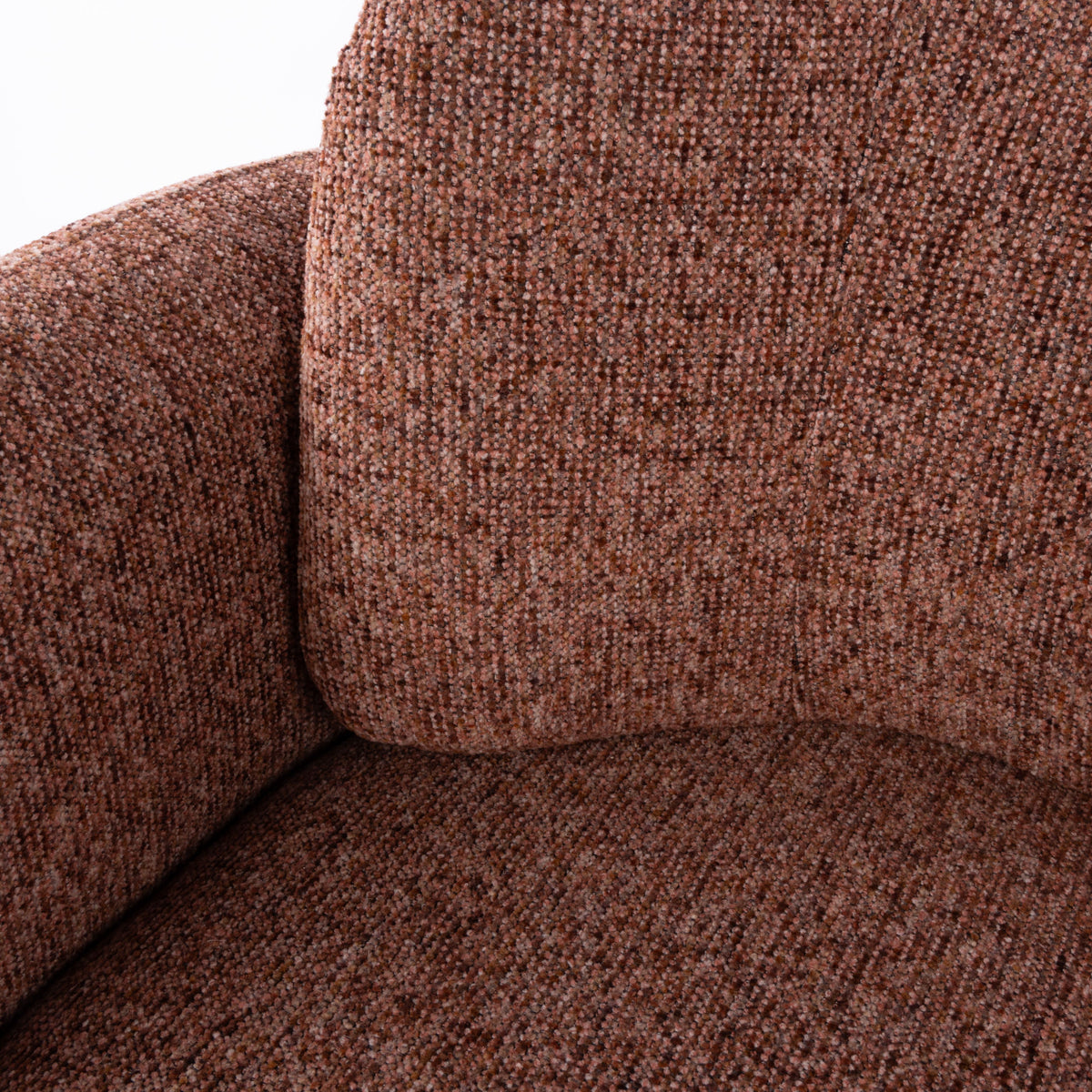 Walter Armchair in Plum, chunky bouclé fabric with rounded arms and an open base.