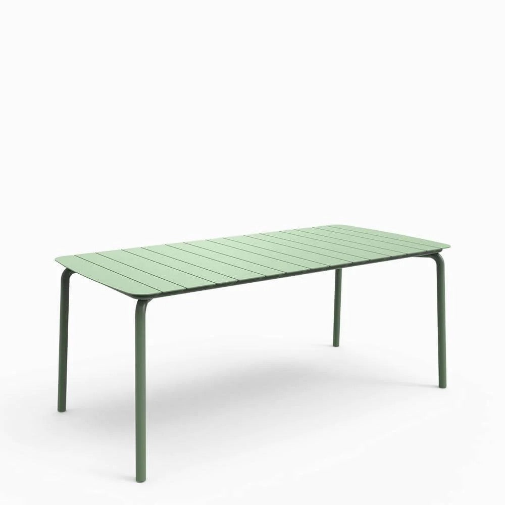 A rectangular green outdoor table with a minimalistic design, featuring a lightweight frame and clean lines.