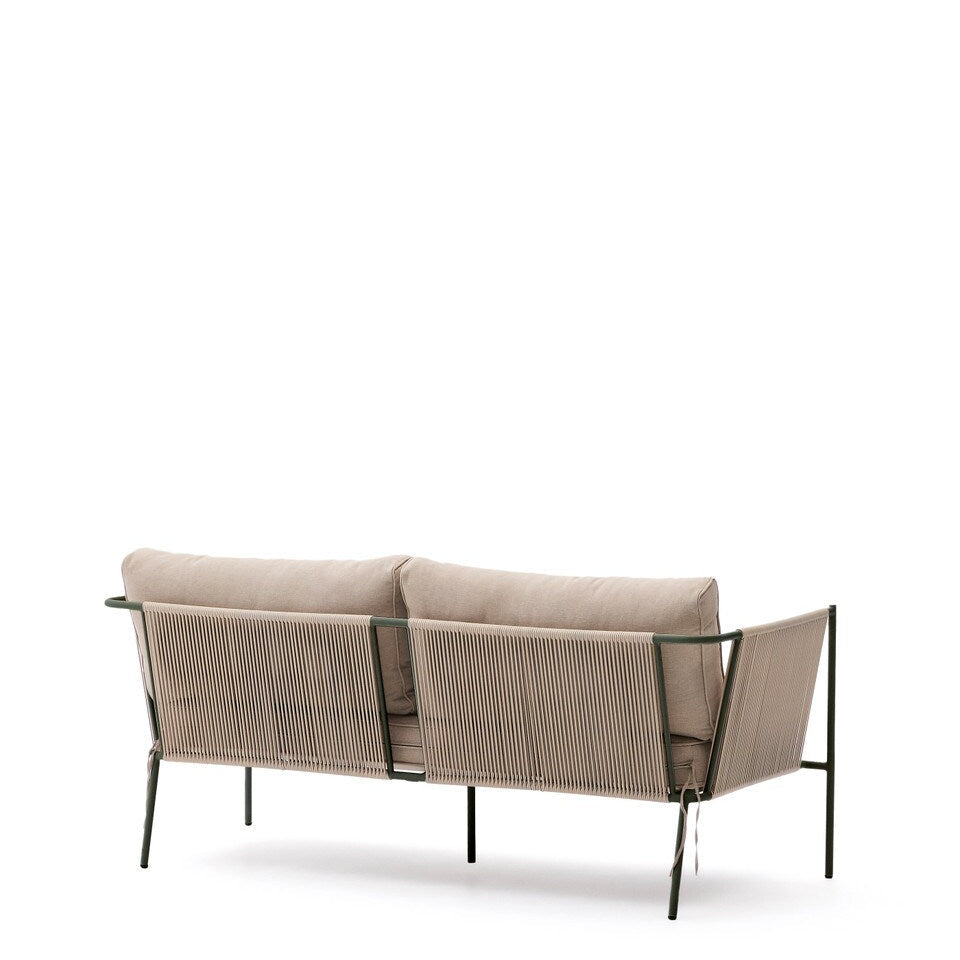 back view of outdoor green and beige sofa with rope details
