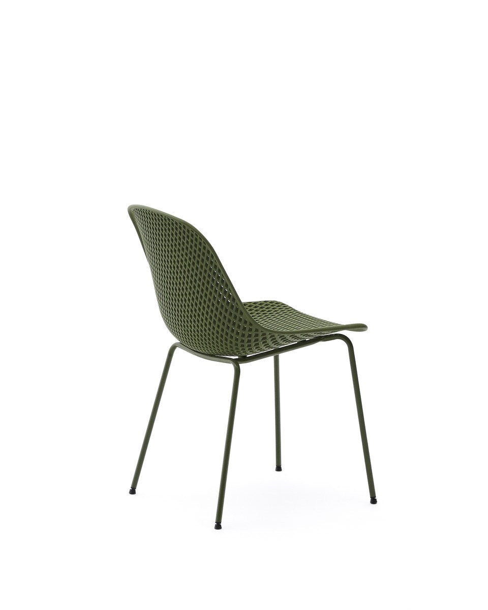 Green chair with a mesh back on a white background
