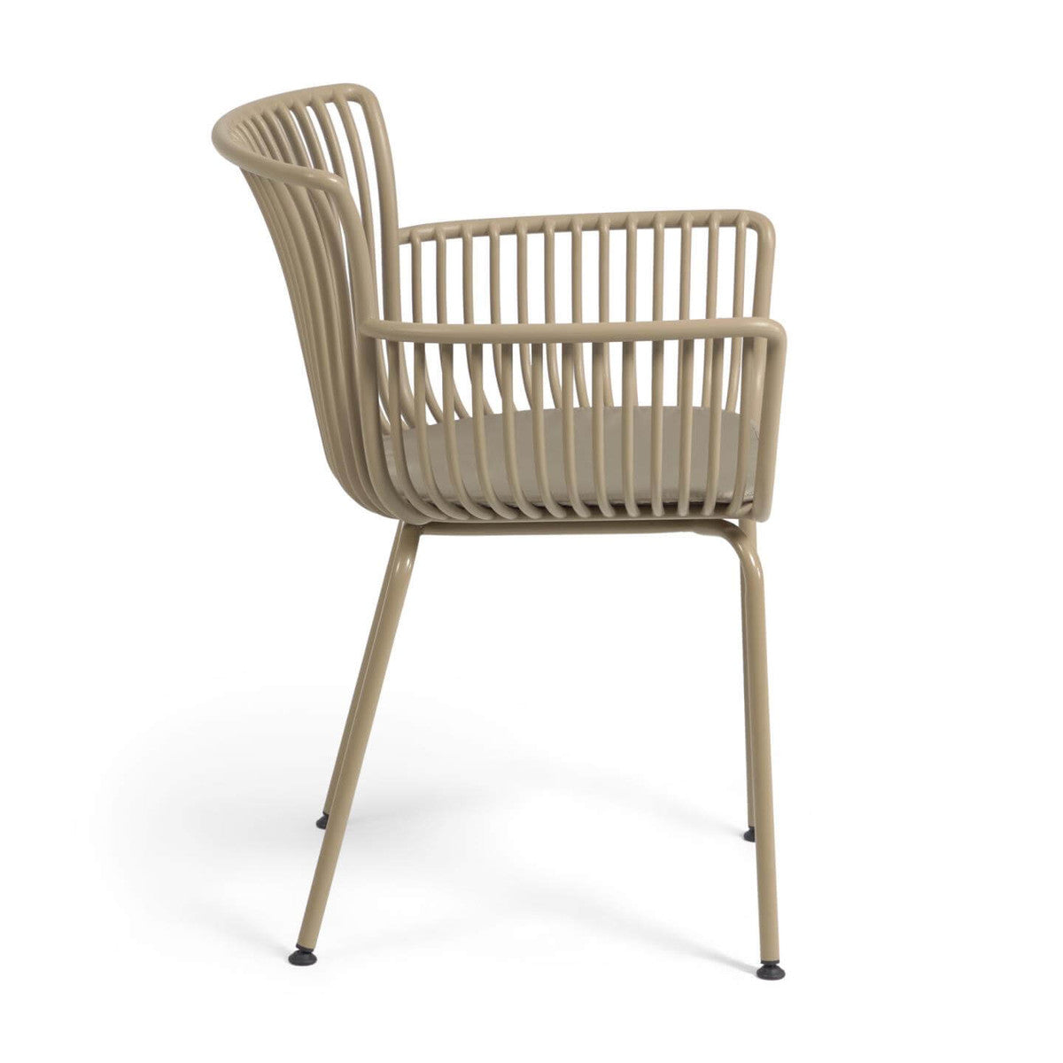 A beige Surpika Alfresco chair with a hard wearing polypropylene structure, moulded arms, and powder coated steel legs.