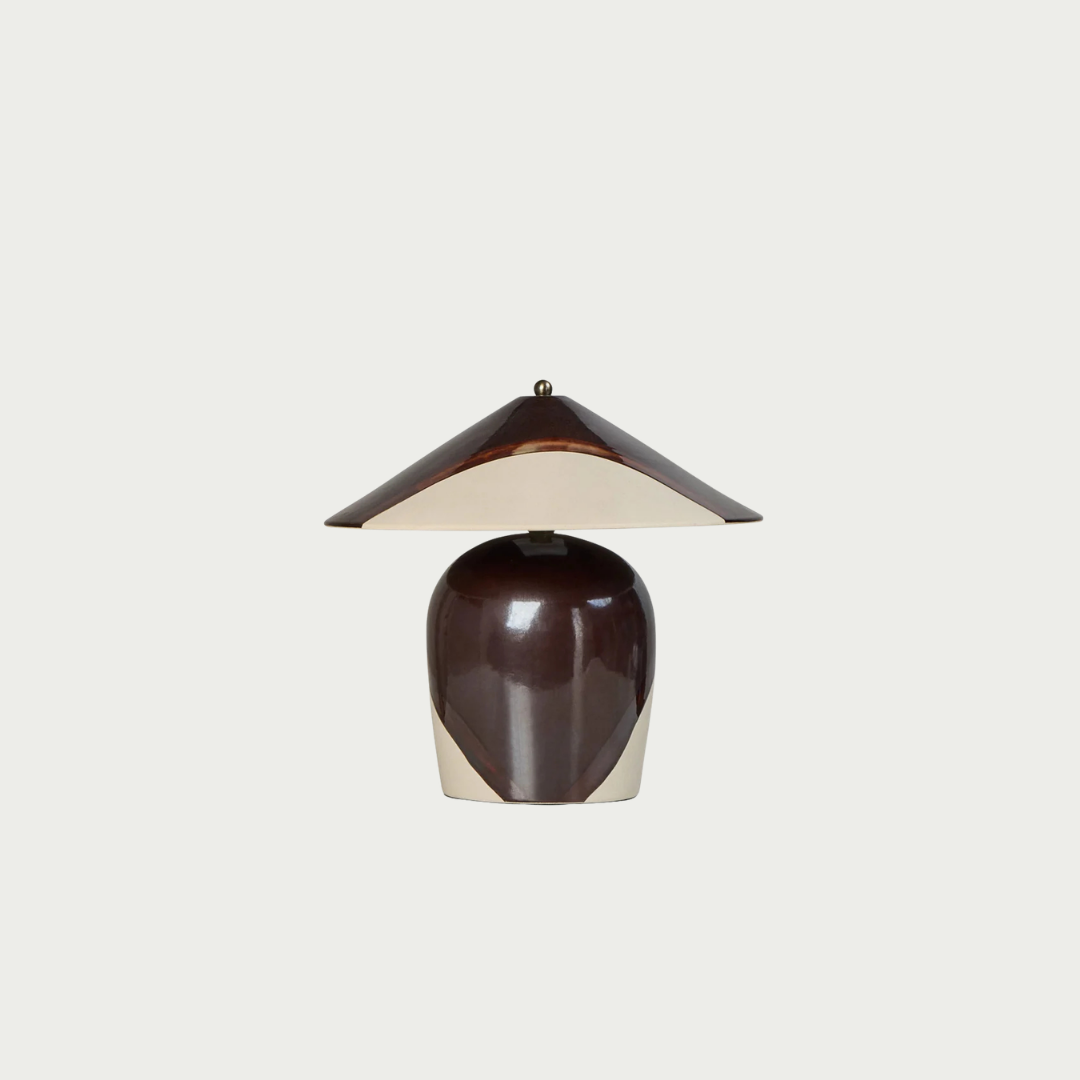 brown and beige ceramic side table lamp