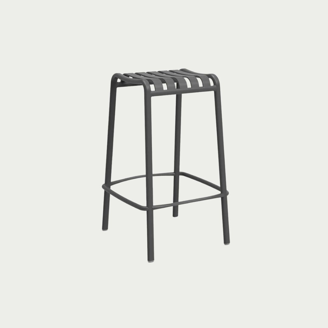 A black backless stool with a lightweight aluminum frame and a natural textured finish.