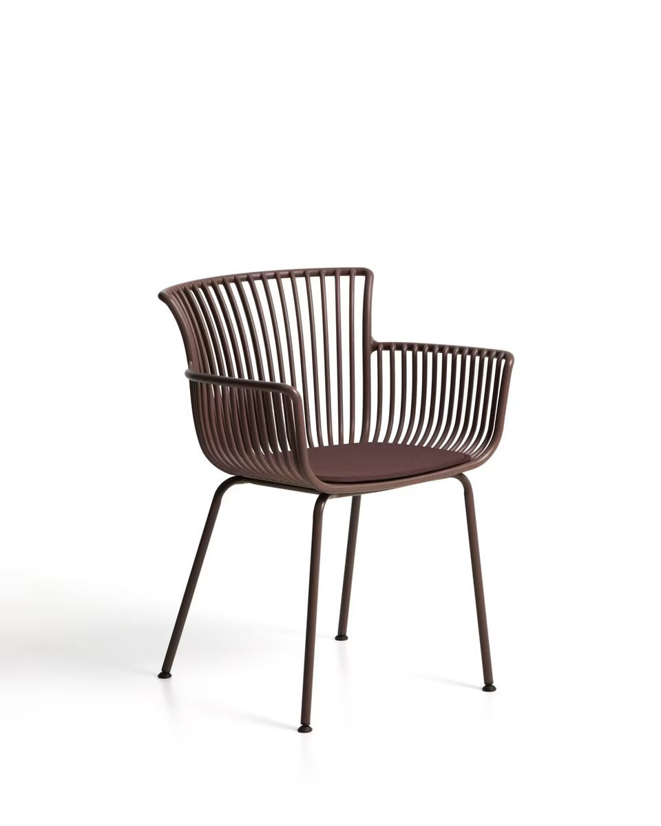Chocolate brown Alfresco chair with a hard wearing polypropylene structure, moulded arms, and powder coated steel legs.