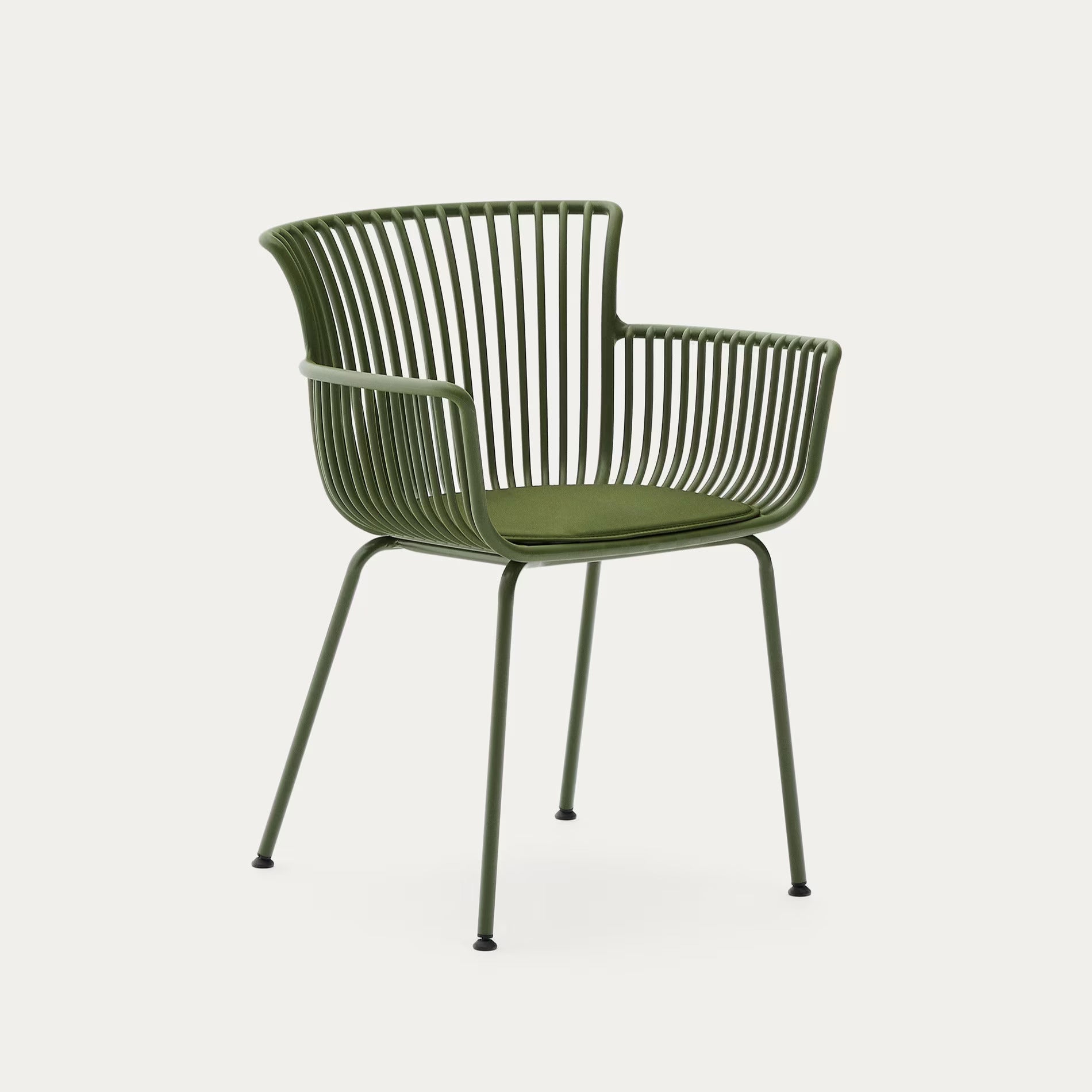 Green Alfresco chair with a hard wearing polypropylene structure, moulded arms, and powder coated steel legs.