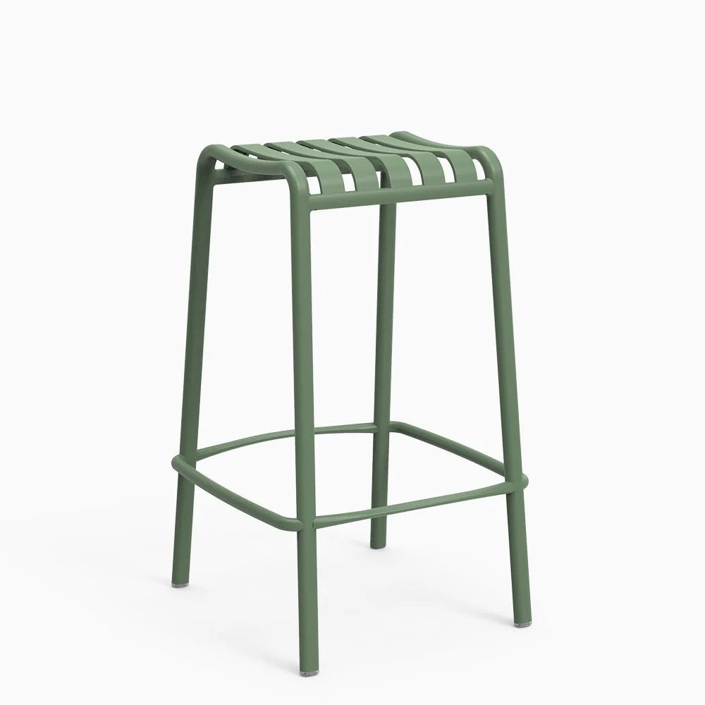 A green backless stool with a lightweight aluminum frame and a natural textured finish.