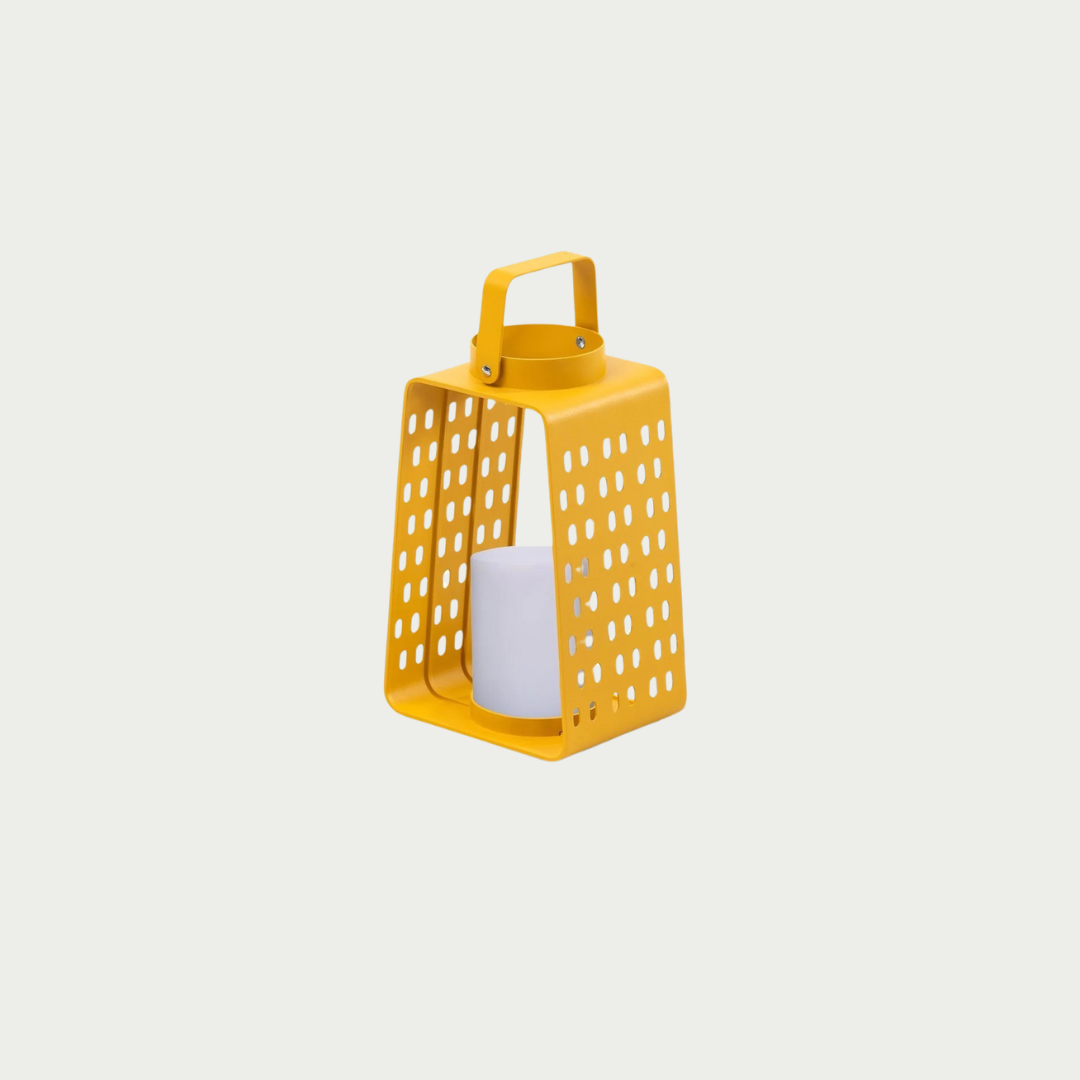 A yellow Para camping light with a perforated pattern and a cylindrical LED lamp, designed for outdoor use.