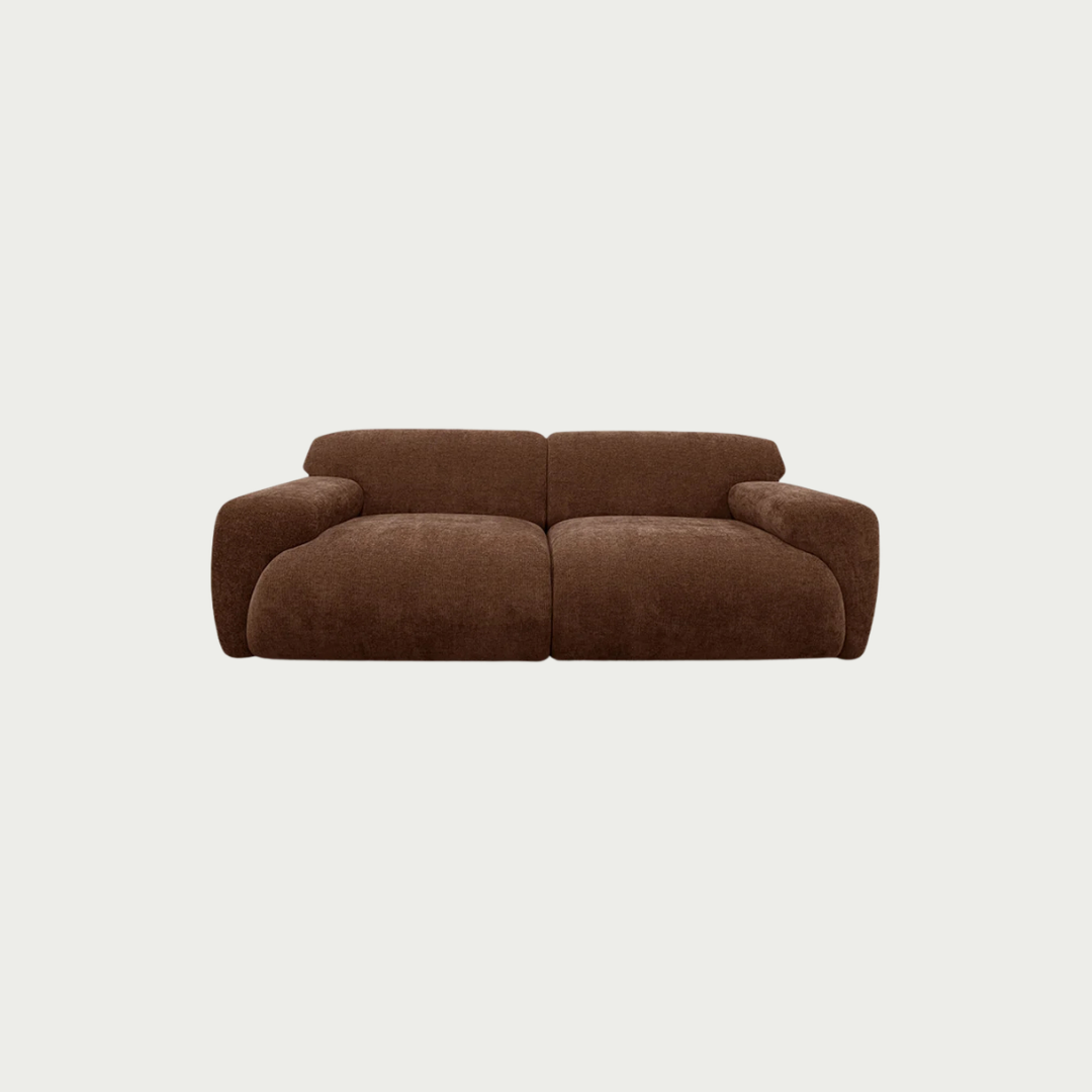 A modern two-seater sofa upholstered in a textured brown fabric, shown from a front-facing perspective against a solid off-white background.
