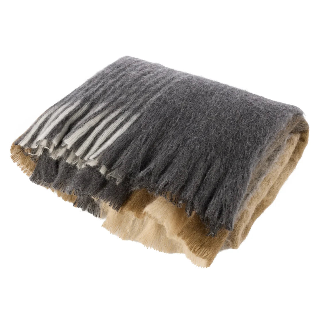 Gray and beige striped blanket with fringes on a white background