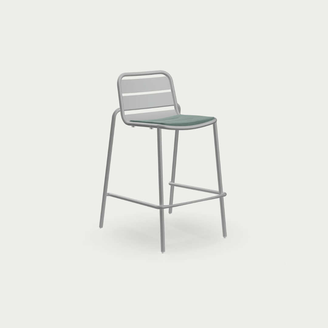 Bar stool with metal frame and cushioned seat on a white background