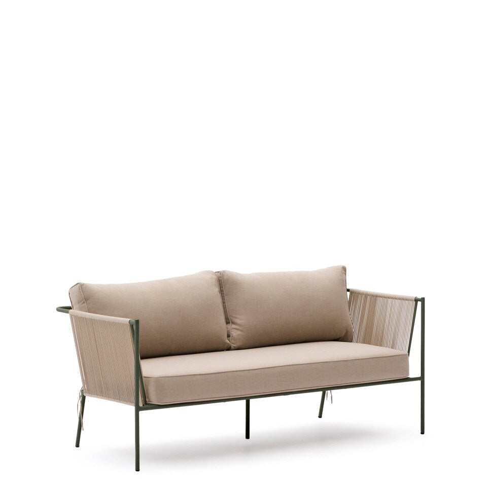 outdoor green and beige sofa with rope details
