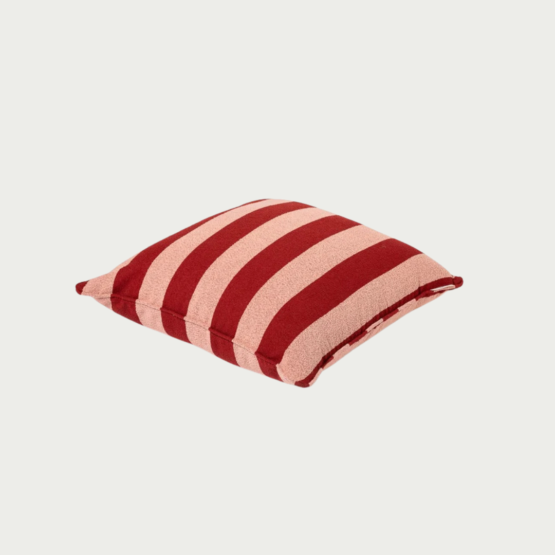 euro square cushion in red and blush for alfresco dining space. 