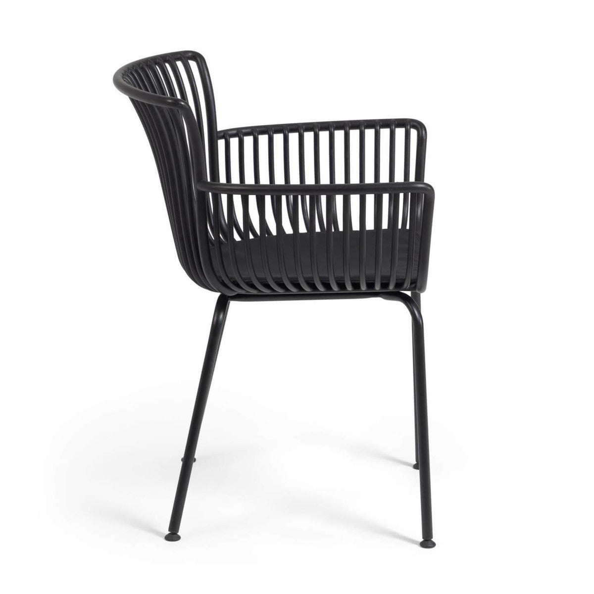 Black Alfresco chair with a hard wearing polypropylene structure, moulded arms, and powder coated steel legs.