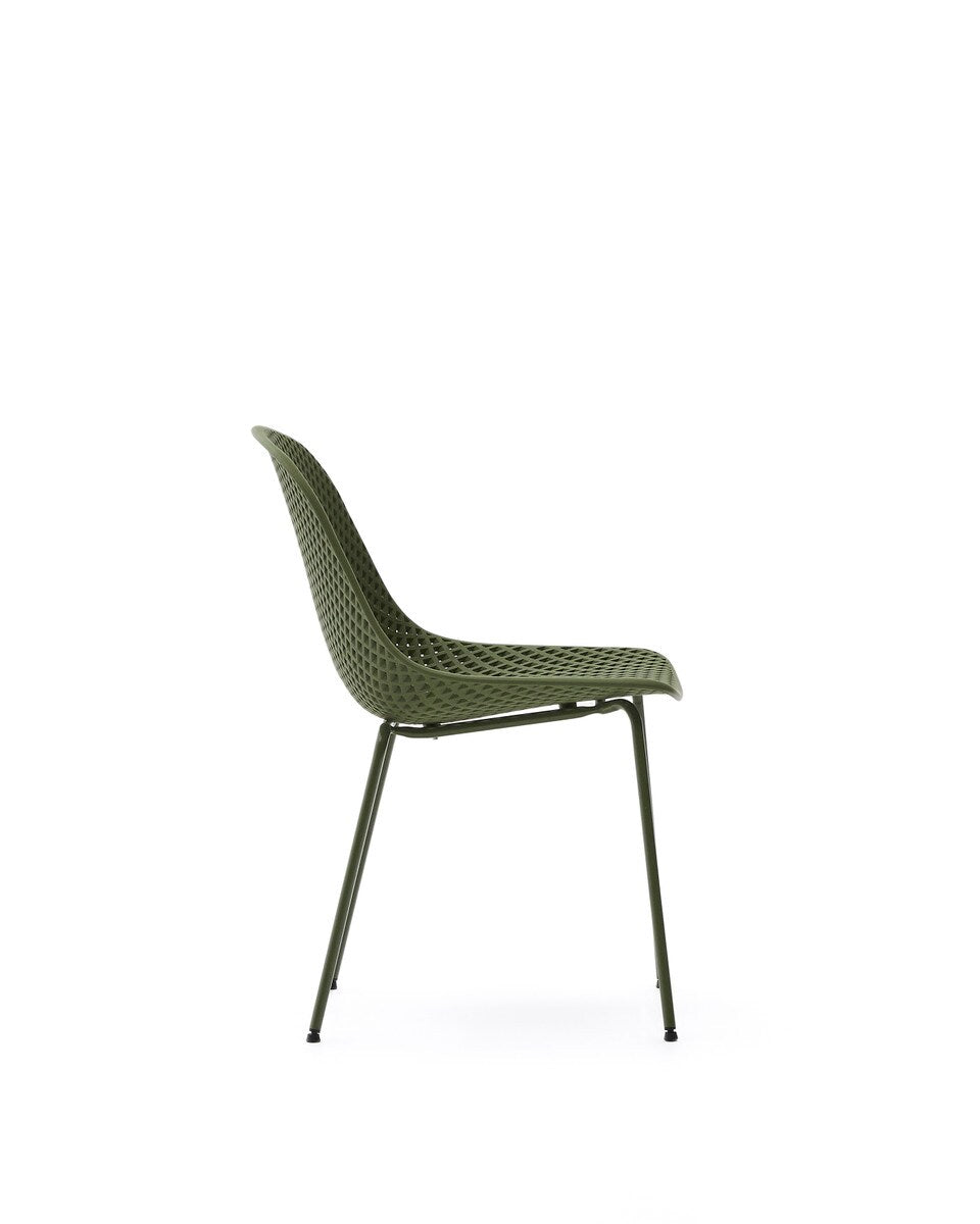 Green chair with woven seat and metal legs for outdoor dining
