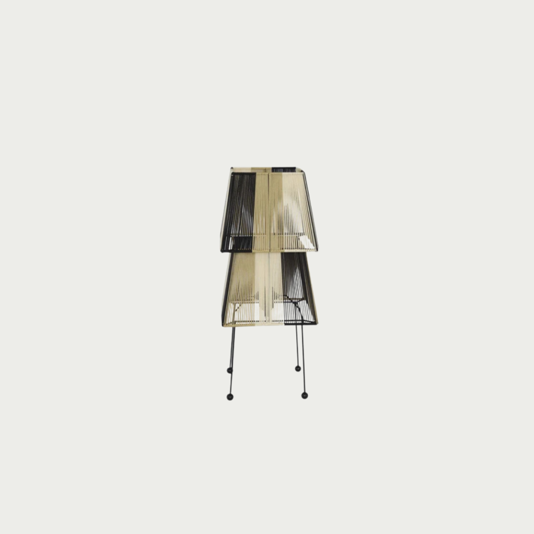 A modern two-tier floor lamp with a black metal frame and sheer beige and black striped fabric shades, supported by thin black legs with ball finials, set against a solid off-white background.