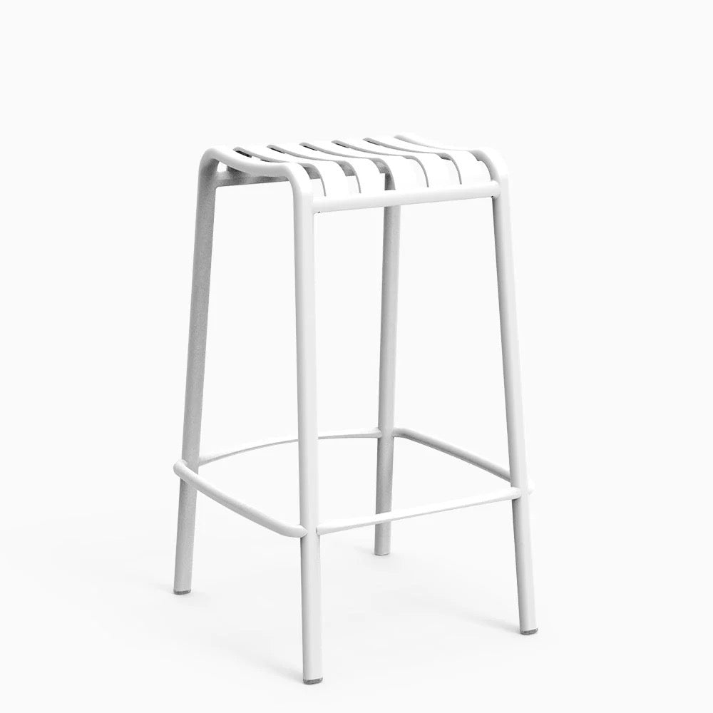 A white backless stool with a lightweight aluminum frame and a natural textured finish.