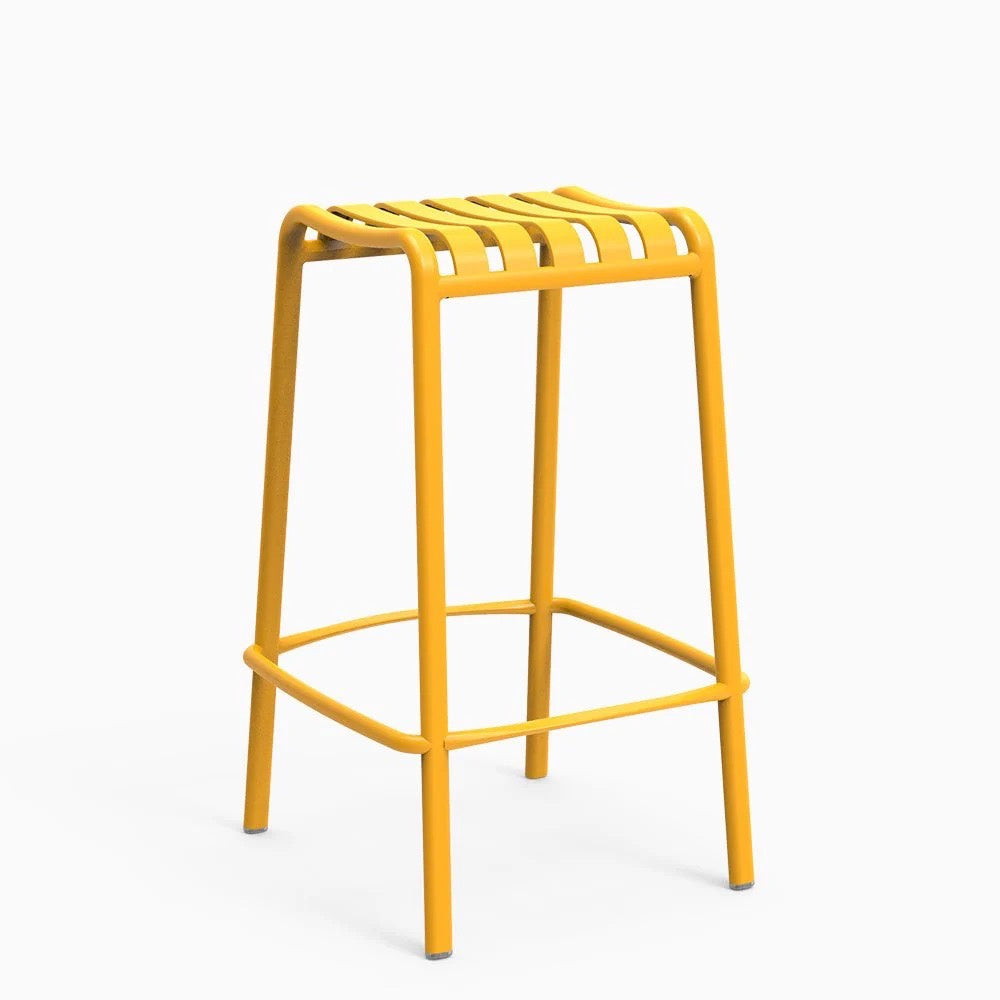 A yellow backless stool with a lightweight aluminum frame and a natural textured finish.
