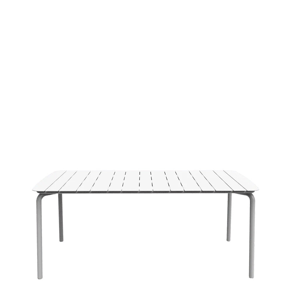 A rectangular white metal outdoor table with a textured finish and sleek design, suitable for patio or bar areas.
